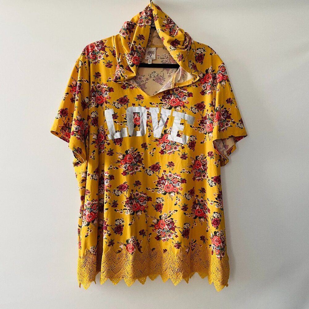 Self Esteem Love Womens Yellow Crochet Detailing Hem Floral Hooded Top Size 3X